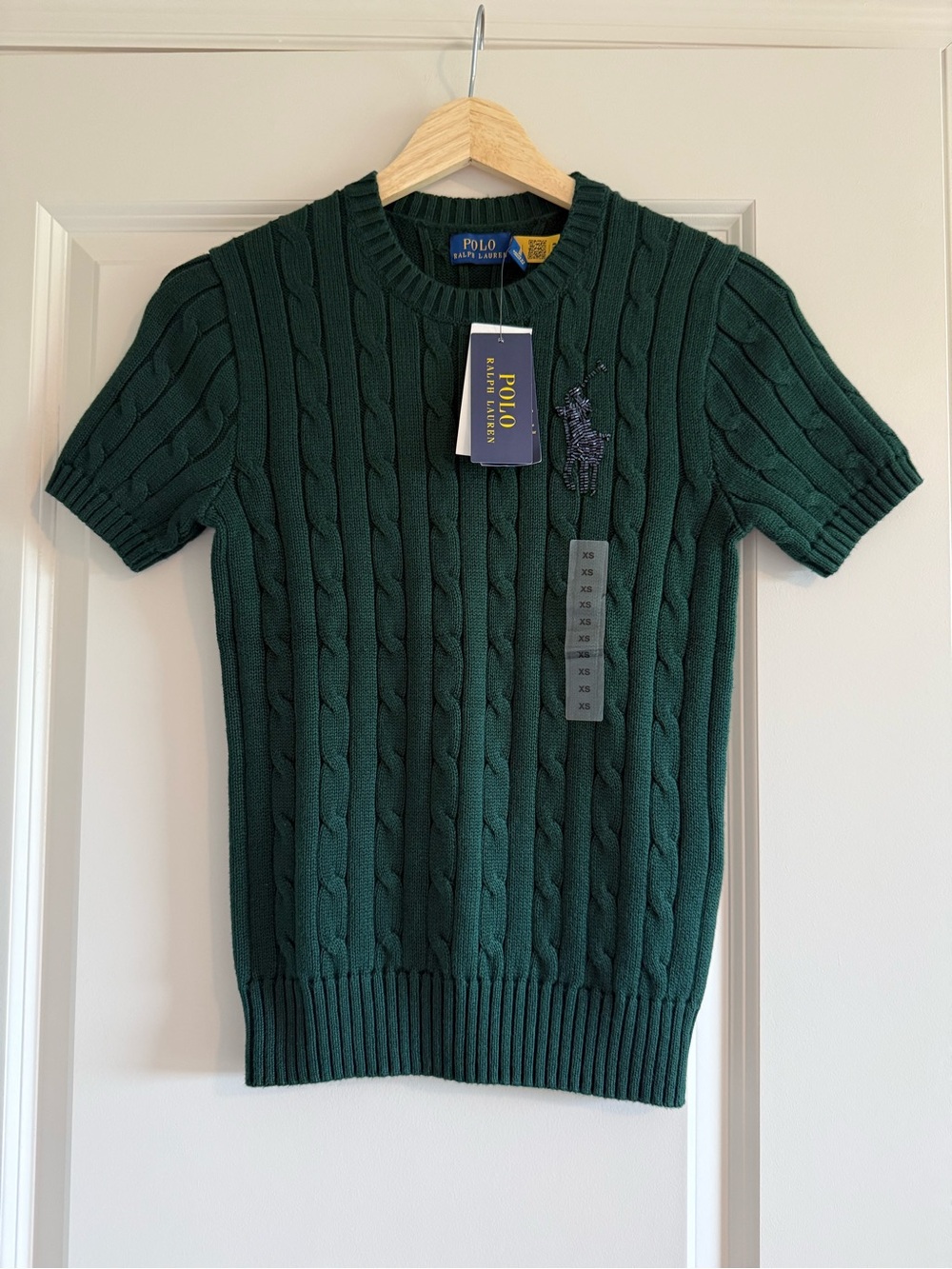 NWT Polo Ralph Lauren Sweater green Cable Knit Beaded Big Pony Logo XS